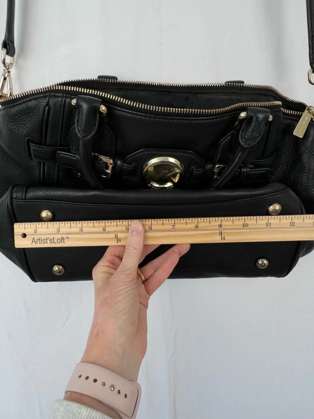 Michael Kors Large Black Hudson Satchel Tote Purse Pebbled Leather Gold